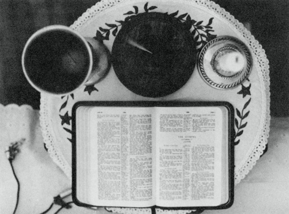 Photograph of the Bible, chalice, censer, and candle used in the Law of One sessions